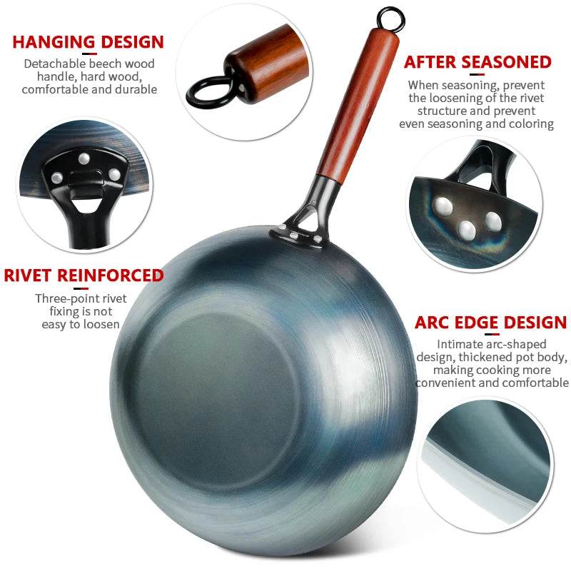 Seasoning Iron Woks,30/32/34cm Wok with Wooden Handle Frying Pan Kitchen Cookware For Electric,Induction Electric and Gas Stoves - P12 Hub Europe