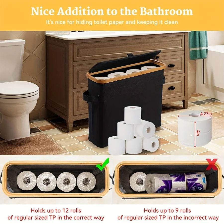 Bamboo toilet paper holder with lid - Self-contained bathroom organizer with handle, enclosed tissue storage box - P12 Hub Europe