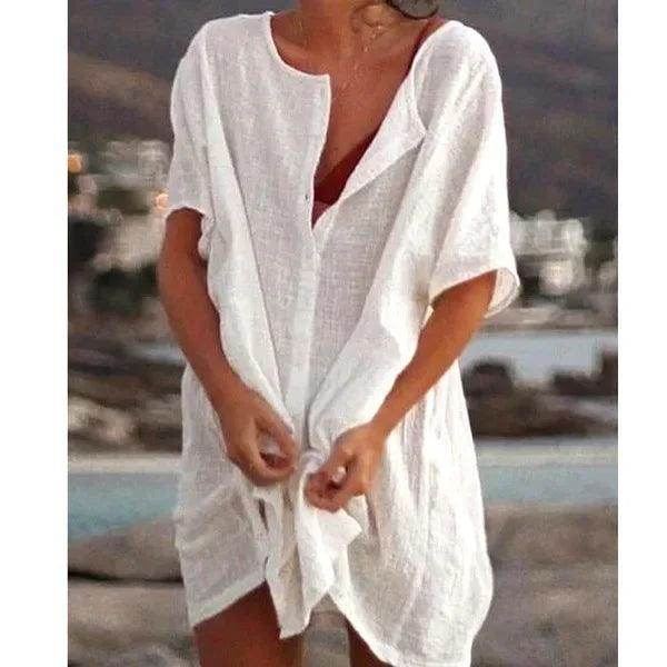 Cotton Linen Beach Dress Solid Casual Loose Tunic - P12 Hub Europe
