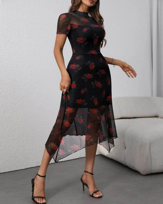 Goth Floral Mesh Patchwork Midi Dress Dark Fairy Grunge - P12 Hub Europe