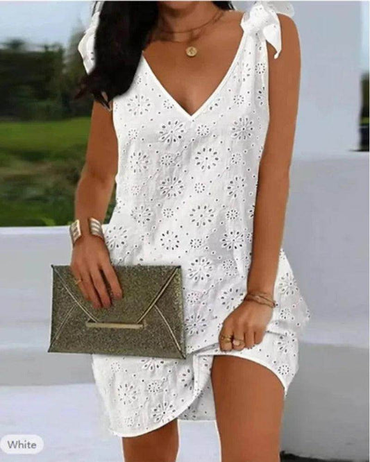 Eyelet Embroidery Mini Dress V-Neck Tied Detail - P12 Hub Europe