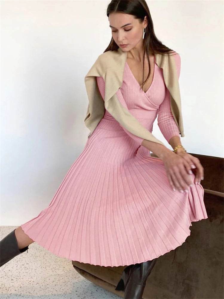Tossy Ribbed V-Neck Knit Maxi Dress - Elegant Patchwork - P12 Hub Europe