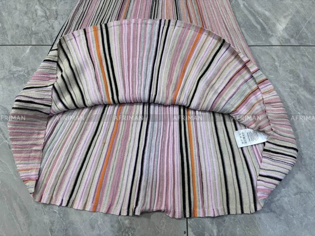 V-Neck Knit Dress - Silk Color Mosaic & Stripe Waist - P12 Hub Europe