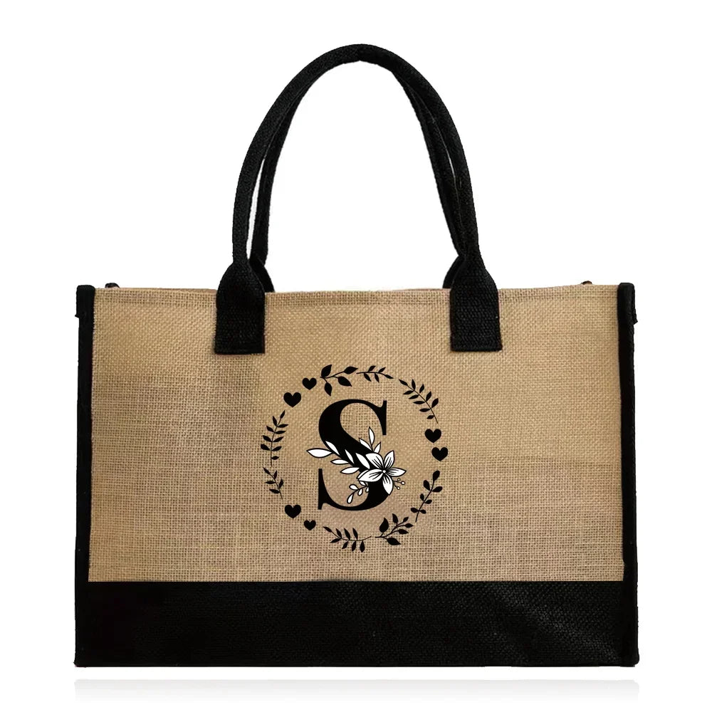 Shopping Bag Burlap Tote Bag Jute Bags Lightweight Handbag Portable LargeCapacity Women Grocery Organizer Garland Letter Pattern