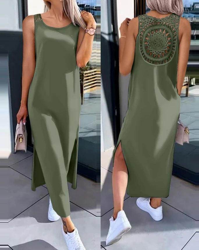 Casual Hollow-Out Slit Midi Dress Sleeveless Round Neck - P12 Hub Europe