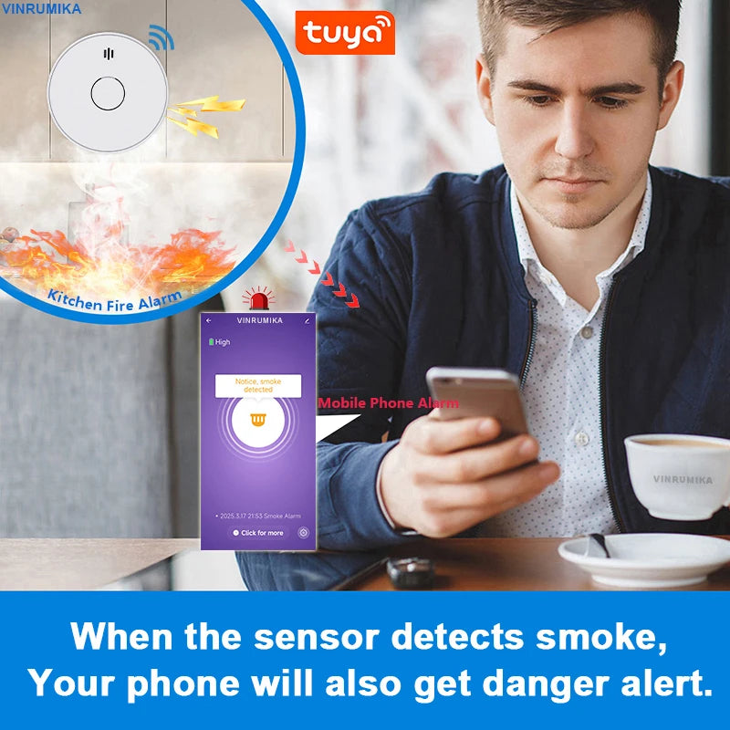 Super Thin WiFi Tuya Smart Smoke Detector Built-in 10 Year Battery Home Safety Parlor Child Room Shop Fire Sound Alarm Sensor