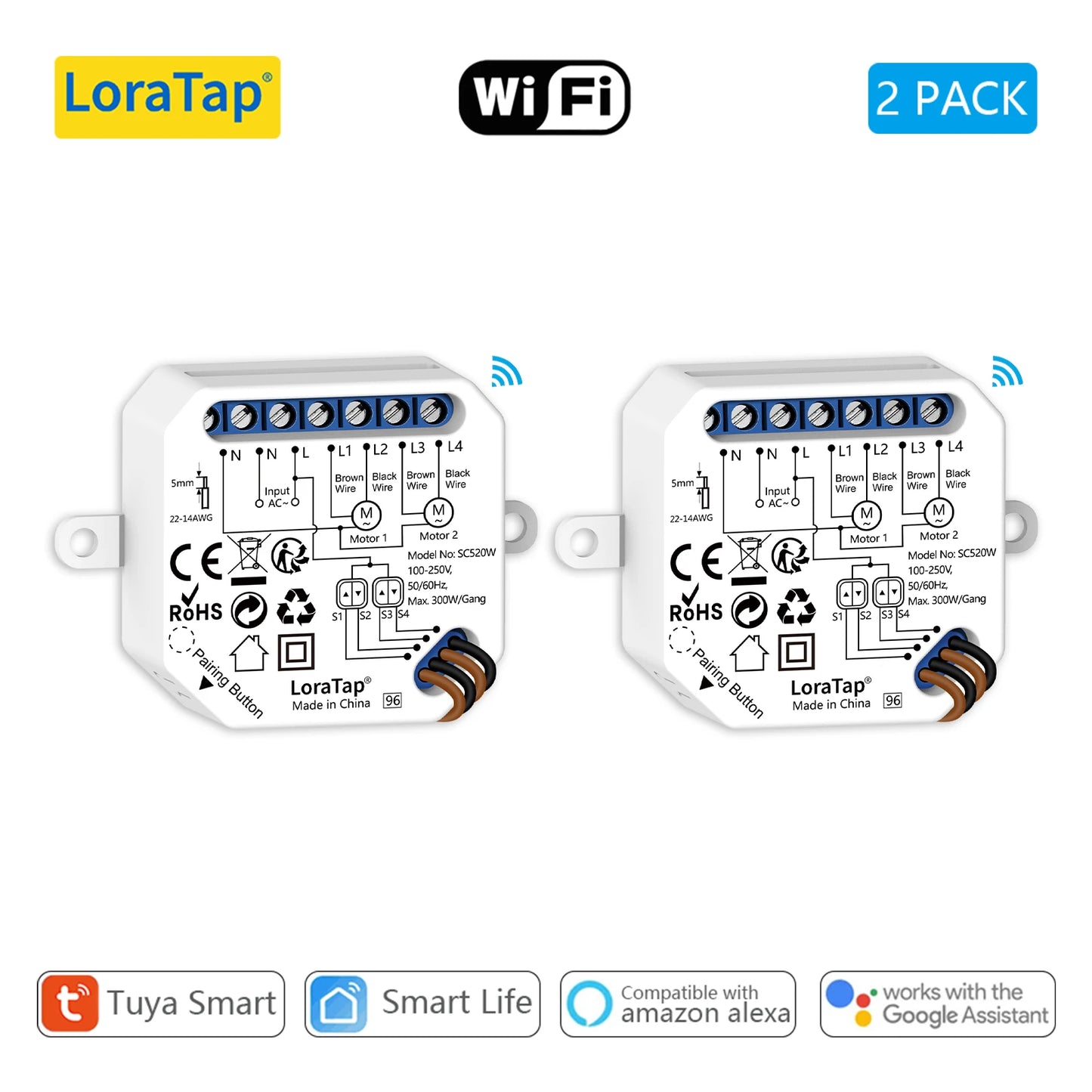 LoraTap Tuya Smart Life Double Curtain Blinds Switch Module for Roller Shutter Electric Motor Voice Control by Google Home Alexa