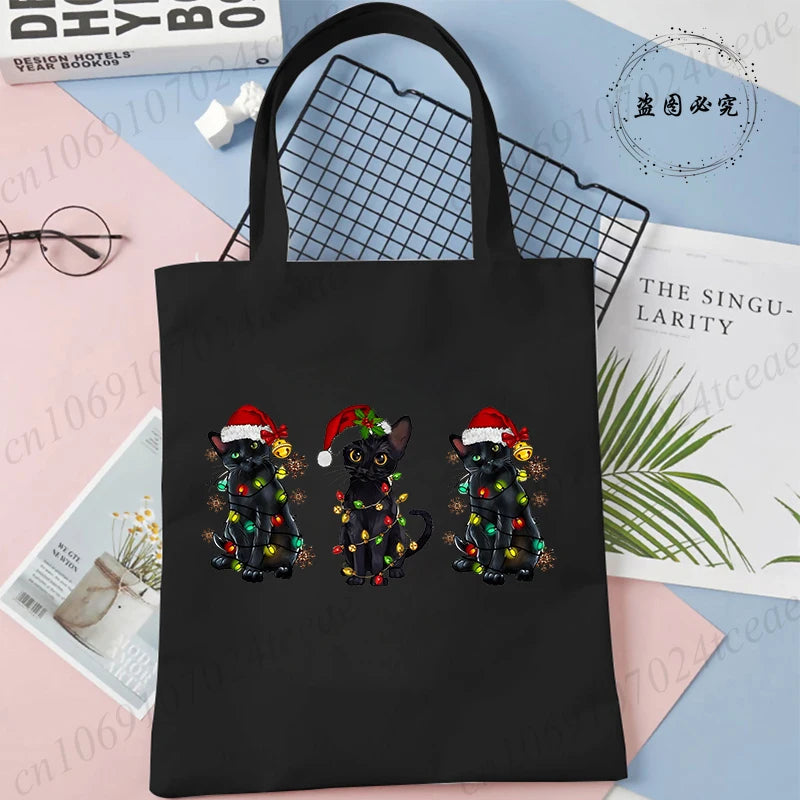 Black Cats Christmas Printed Shopping Bag Cartoon Canvas Tote Bag Eco Bag for Women Black Cats Christmas Reusable Tote Handbags