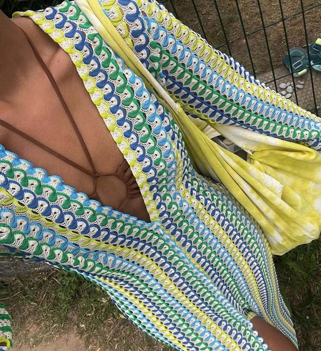 Crochet Stripe Maxi Dress Flare Sleeve V-Neck - P12 Hub Europe