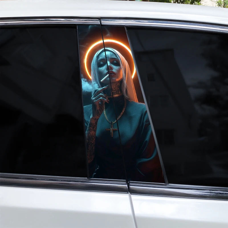 2pcs Smoking Nun Car Sticker Car B-Pillar Sticker DIY Car Door Pillar Decal Waterproof Decal Cover Scratched Decal Nun Sticker