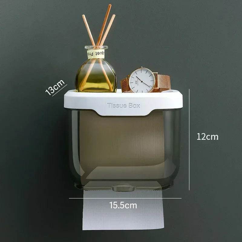 Wall Mounted Toilet Paper Holder Waterproof Tissue Box with Shelf Bathroom Organizer Kitchen Multi Purpose Storage Dispenser - P12 Hub Europe