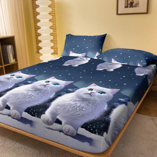 1 piece of blue eyed white cat patterned matte bedsheet, bedroom printed bedspread, bedding (excluding pillowcases) - P12 Hub Europe