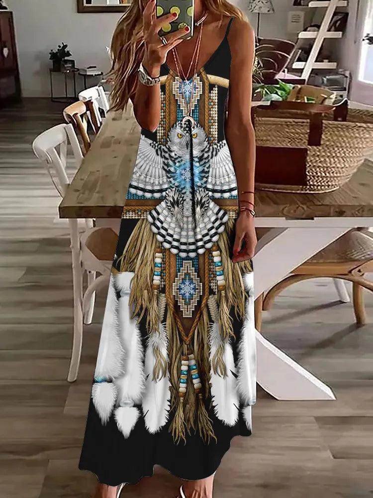 3D Owl Print Boho Maxi Dress Sleeveless Tribal - P12 Hub Europe
