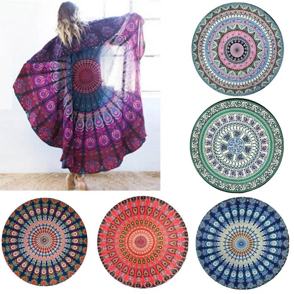 Large Aldult Beach Towel Vintage Round Chiffon Anti-sunlight Shawl Beach Towel Outdoor Yoga Picnic Mat - P12 Hub Europe
