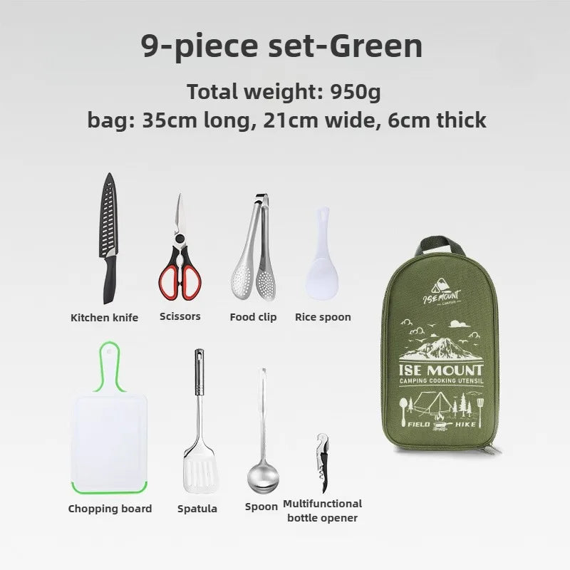 ISE MOUNT Camping Kitchen Cookware Set Travel Utensils Set 9pcs Stainless Steel Kitchenware for Backpacking BBQ Camping Picnic