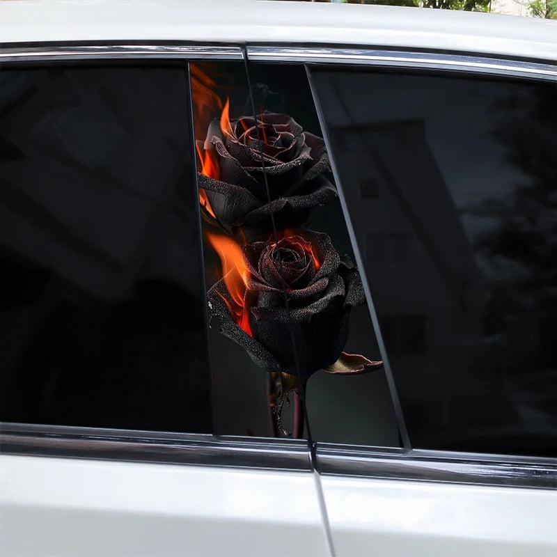2pcs Flame Rose Car Door Pillar Decal Custom Car B-Pillar Sticker Vinyl Waterproof Flower Sticker Covering Scratched Car Sticker