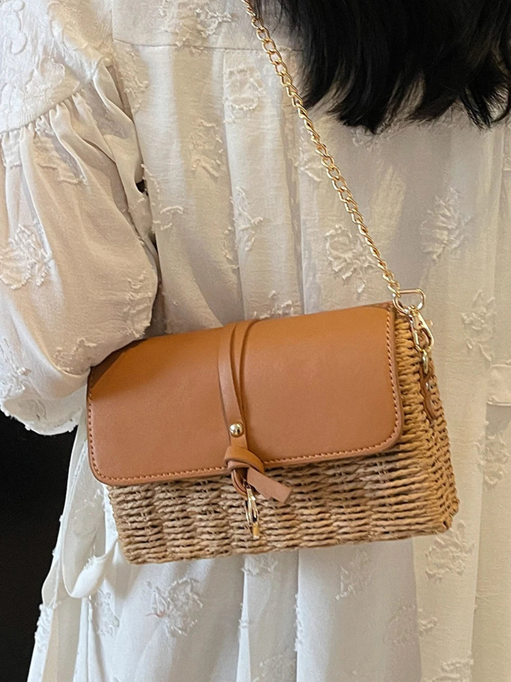 Spring Trendy Small Knitting Square Handbag Women's Casual Fashion Simple Chain Crossbody Bag PU Leather Flip Cover Beach Bags