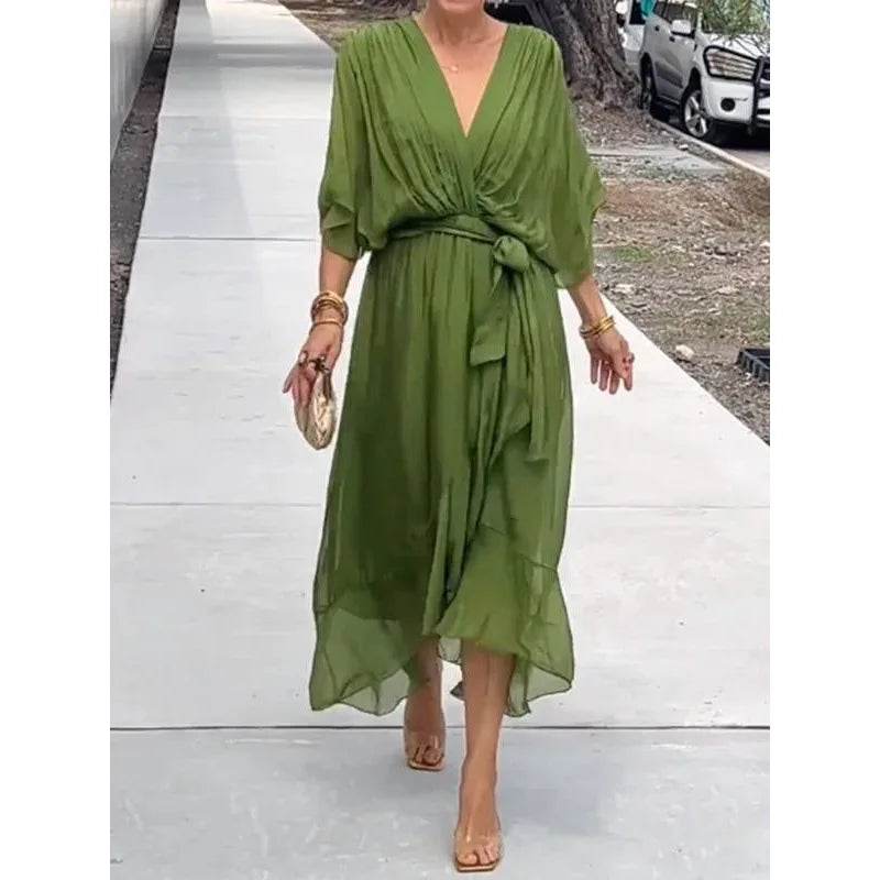 V-Neck Bat Sleeve Dress - Strappy Irregular Summer Style - P12 Hub Europe