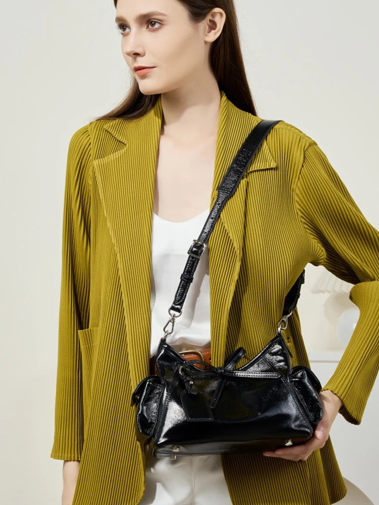 Zency Fashion Sliver Chain Handbag Soft Leather Top-handle Bag For Women Novel String Closure Bag Black Beige Crossbody