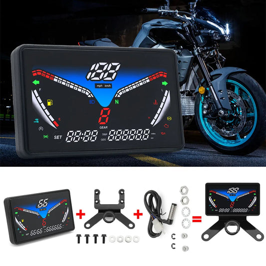 Motorcycle 12V Universal Digital Speedometer LCD RPM Tacho Oil Gauge Water Temp Gear LED Indicator 199km/h with Sensor Bracket X