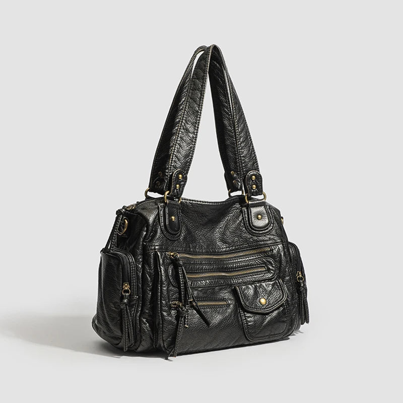 HAEX Women's Punk Biker Tote Bag Large Capacity PU Leather Crossbody Purse with Multi Pockets for Work Commute Moto Style