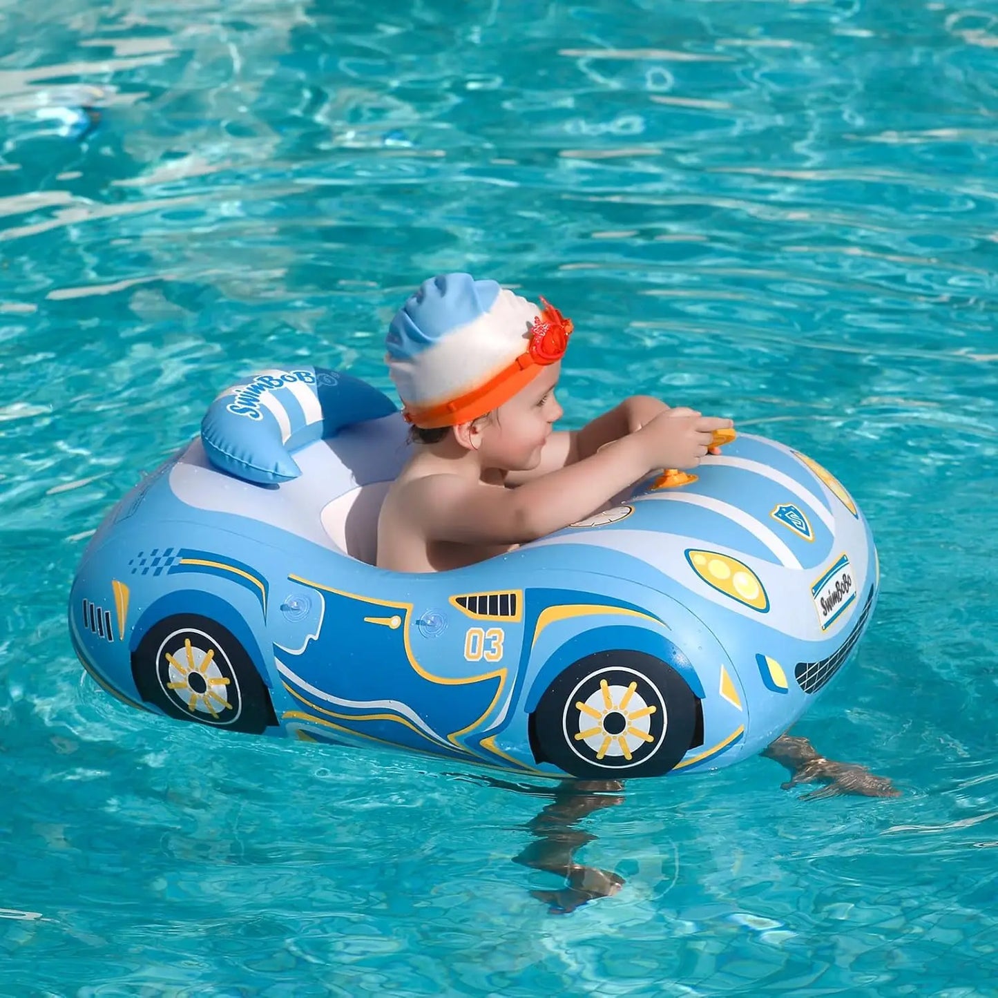 Swimbobo Toddler Pool Float Inflatable Car Baby Swim Float with Adjustable Sun Canopy and Safety Seat Pool Toys for Kids