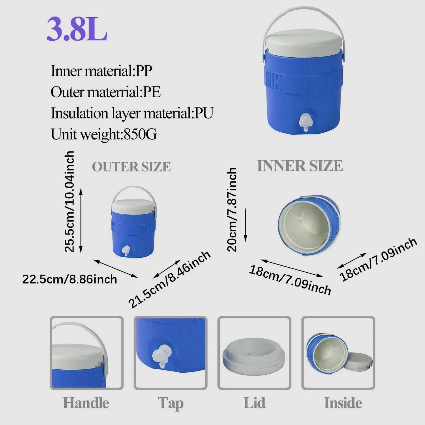 3.8L Insulated Camping Cooler Water Jug Barrel Portable Multifunction Ice Water