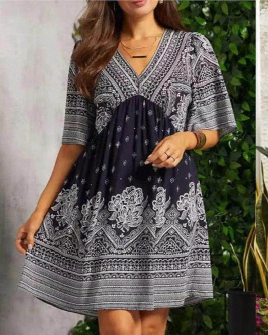 Bohemian Vintage V-Neck Short Sleeve Mini Dress - P12 Hub Europe