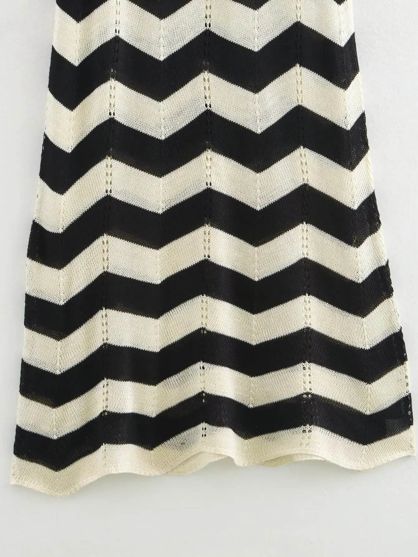 Hollow Out Lace Up Knit Dress - Contrast Stripes V-Neck - P12 Hub Europe