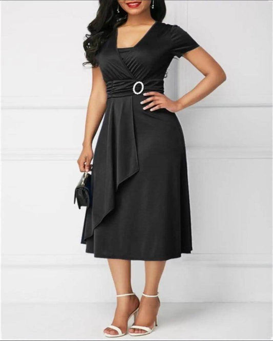Elegant Solid V-Neck Midi Dress Asymmetric Hem Party - P12 Hub Europe