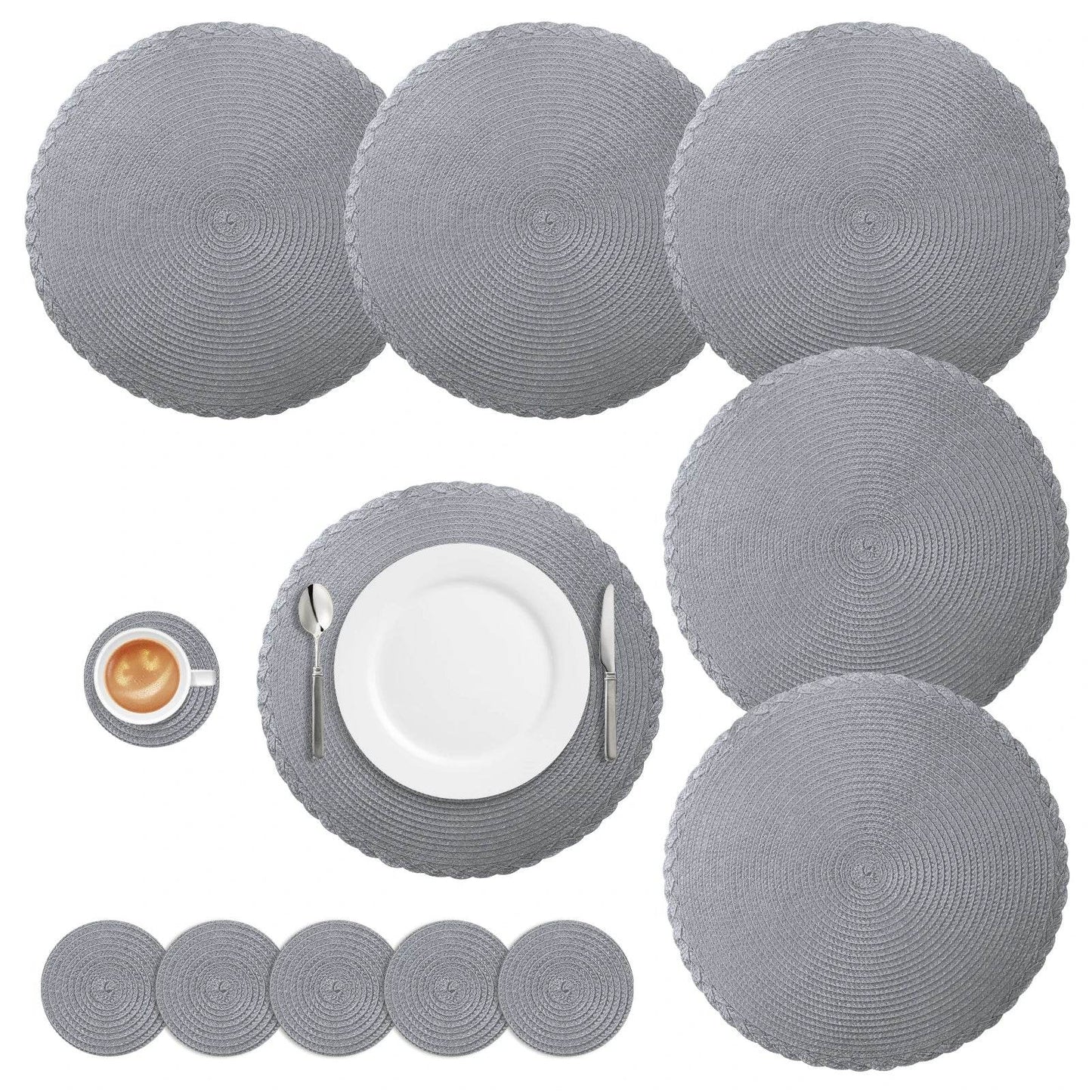 Round Braided Placemats Set of 6 Washable PP/PET Heat Resistant 34cm Table Place Mat for Kitchen Xmas Dining Table Party Decor - P12 Hub Europe