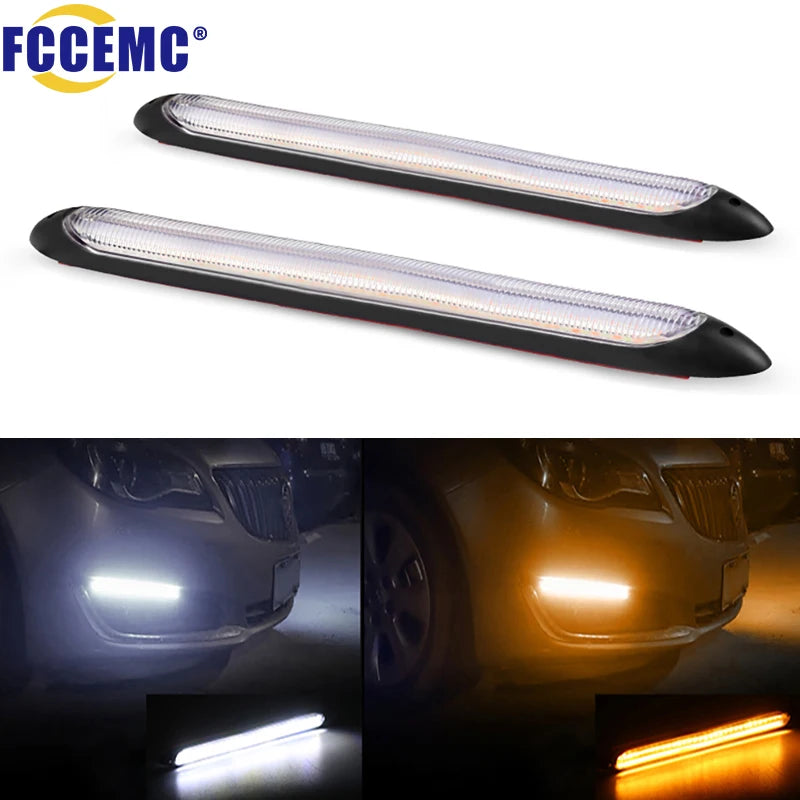 2Pcs Led Car DRL Daytime Running Lights Waterproof Universal DC 12V Auto Headlight Sequential Turn Signal Yellow Flow Day Light