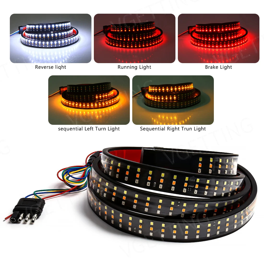 60 Inch Triple Row LED Light Bar for Truck Tailgate 5-Function Turn Signal Brake Warning Reverse Lamp Running Light for Pickup