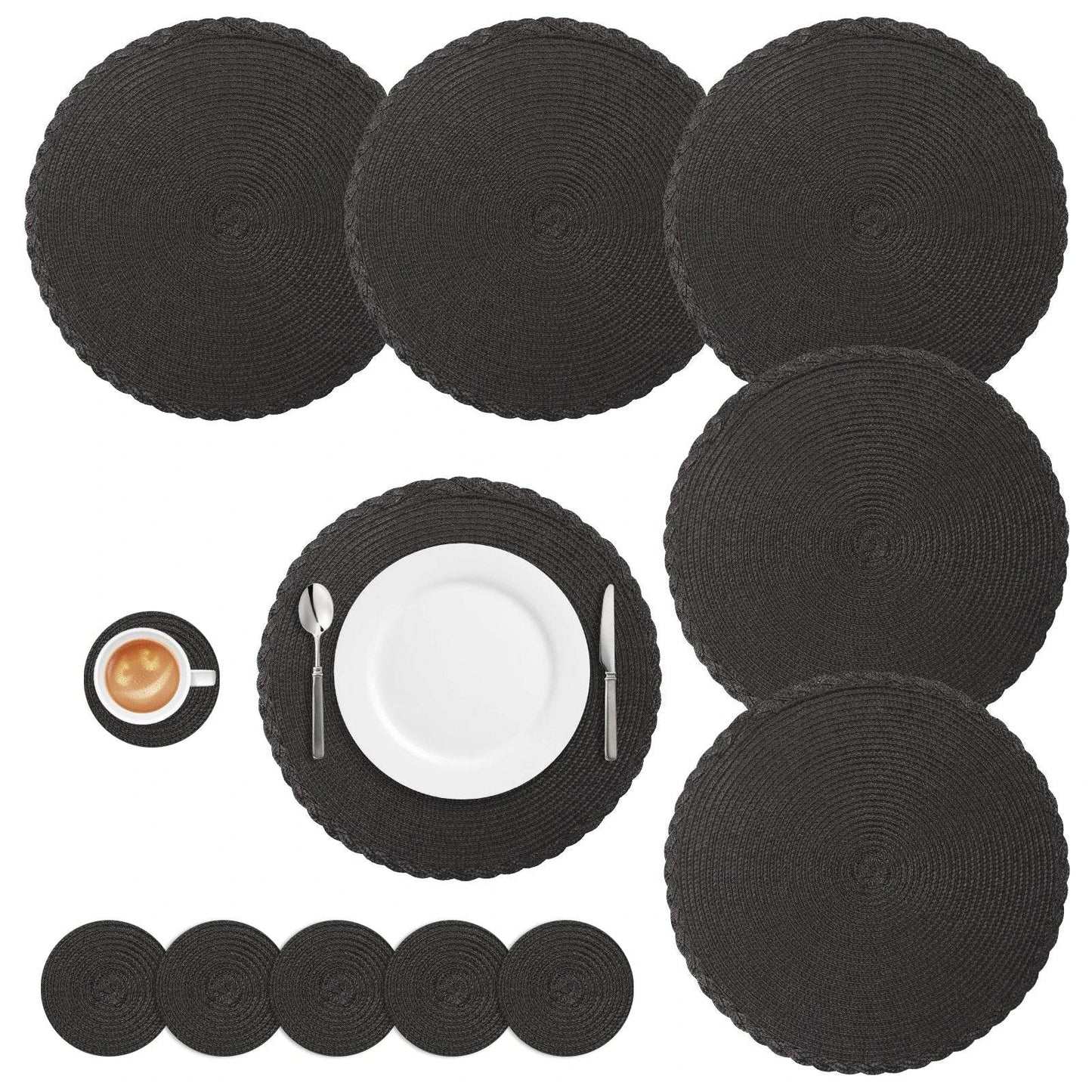 Round Braided Placemats Set of 6 Washable PP/PET Heat Resistant 34cm Table Place Mat for Kitchen Xmas Dining Table Party Decor - P12 Hub Europe