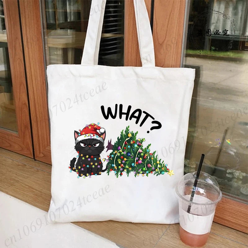 Black Cats Christmas Printed Shopping Bag Cartoon Canvas Tote Bag Eco Bag for Women Black Cats Christmas Reusable Tote Handbags