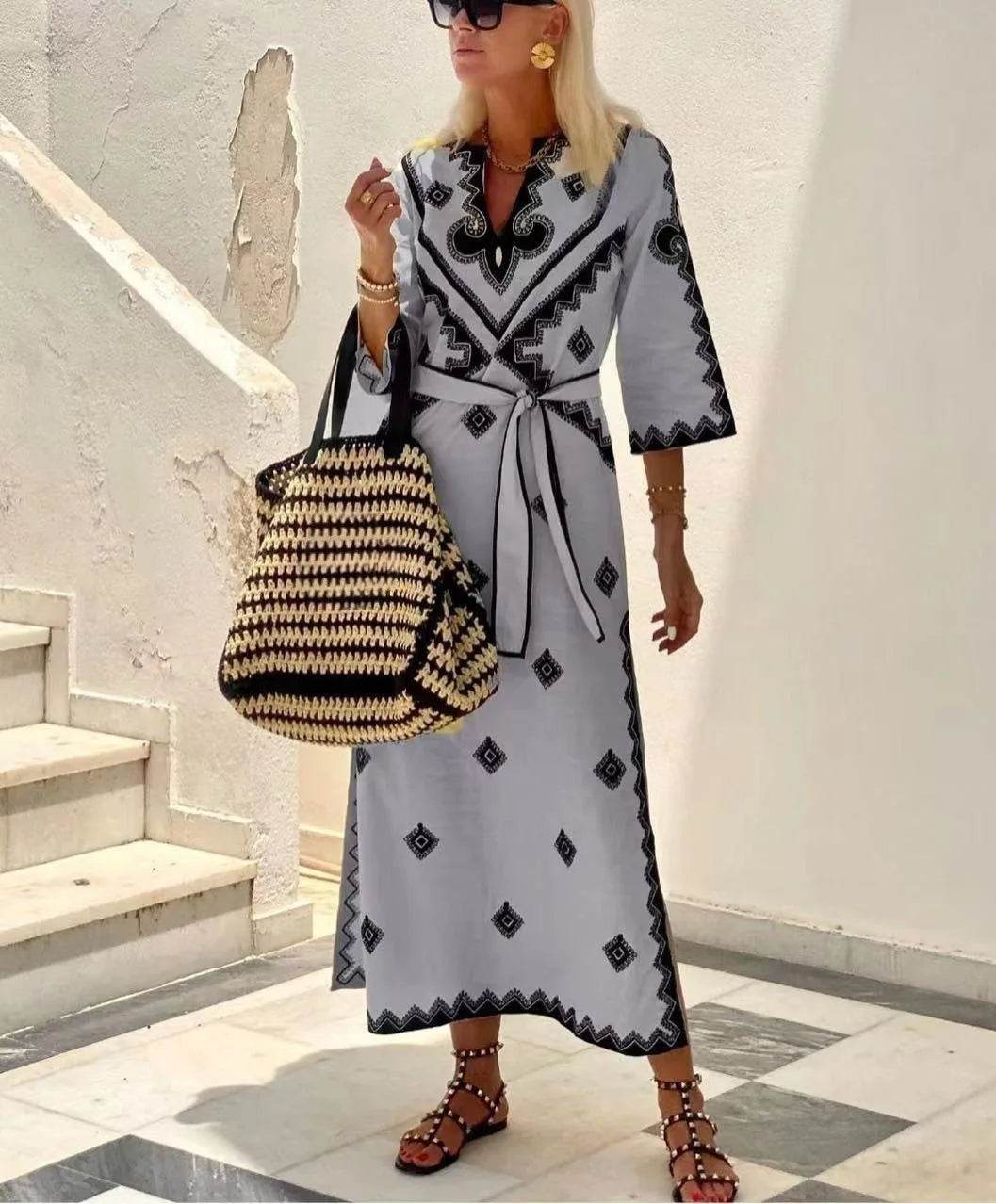 Bohemian V-Neck A-Line Dress 5/4 Sleeve - P12 Hub Europe