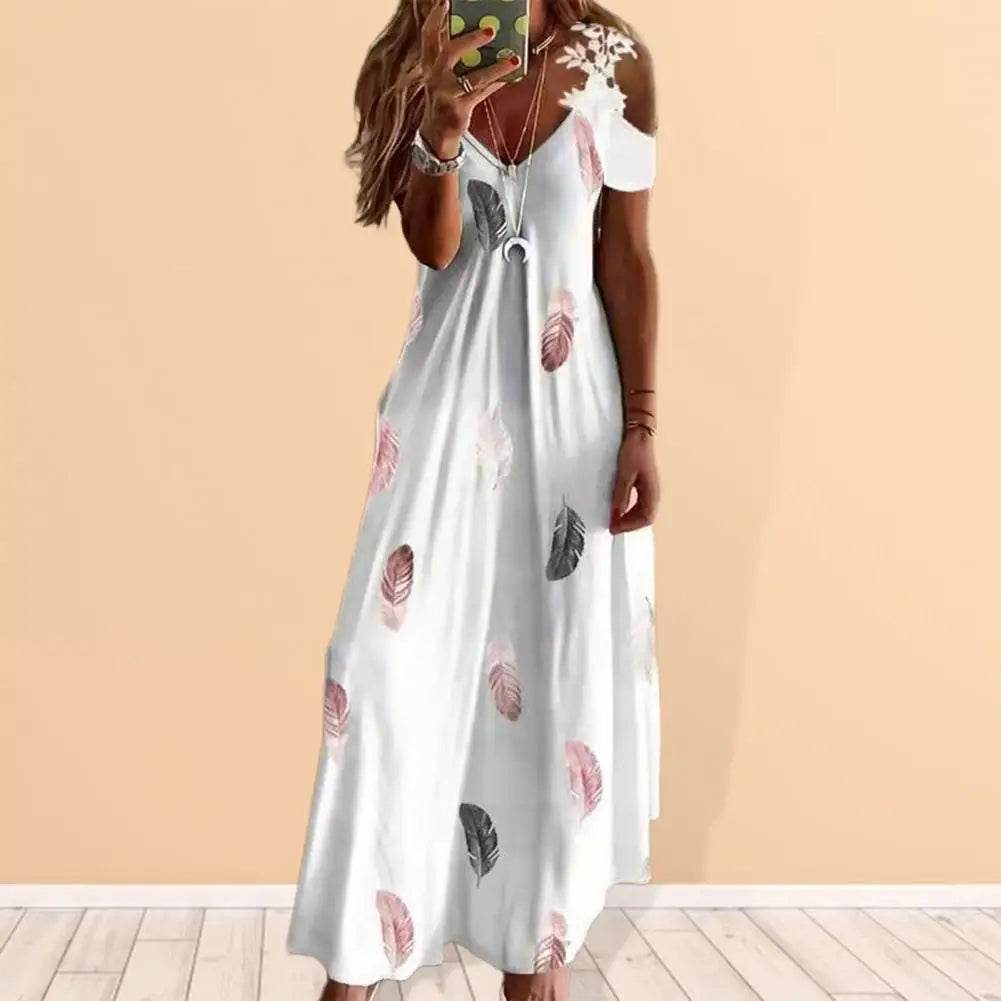 Feather Print Lace Sling Maxi Dress - Loose A-Line Summer Style - P12 Hub Europe