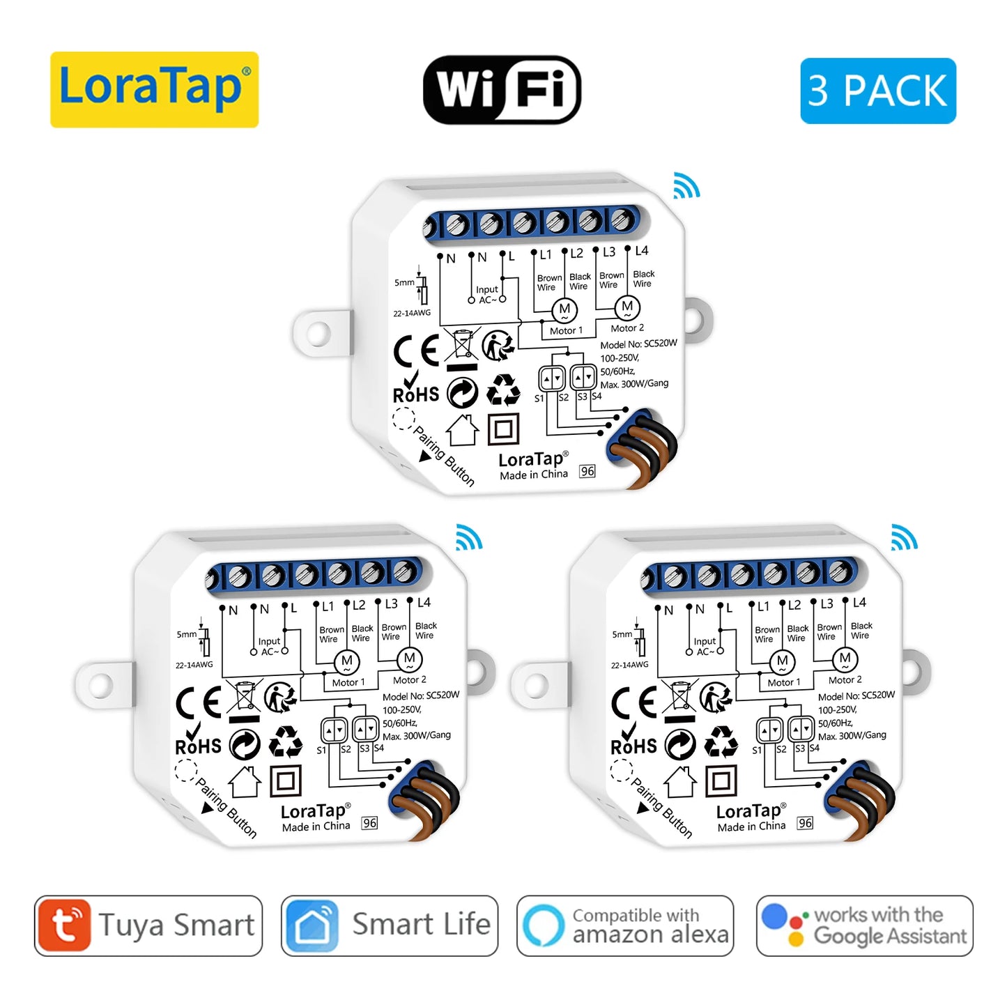 LoraTap Tuya Smart Life Double Curtain Blinds Switch Module for Roller Shutter Electric Motor Voice Control by Google Home Alexa