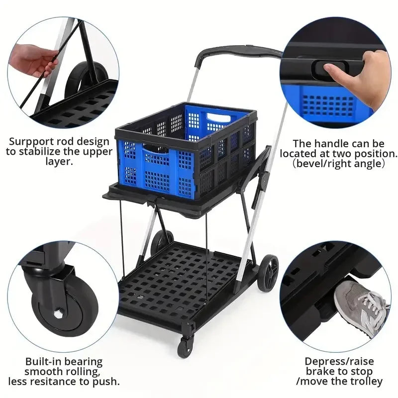 Foldable Shopping Trolley Wheels Lightweight Aluminum Adjustable Handle Multi-Purpose Moving Cart For Home Grocery Camping