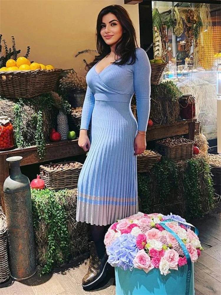 Tossy Ribbed V-Neck Knit Maxi Dress - Elegant Patchwork - P12 Hub Europe