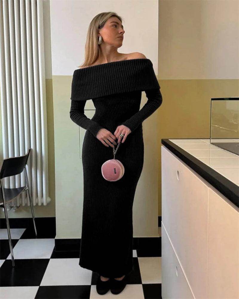 Off-Shoulder Knit Maxi Dress Ribbed Elegant - P12 Hub Europe