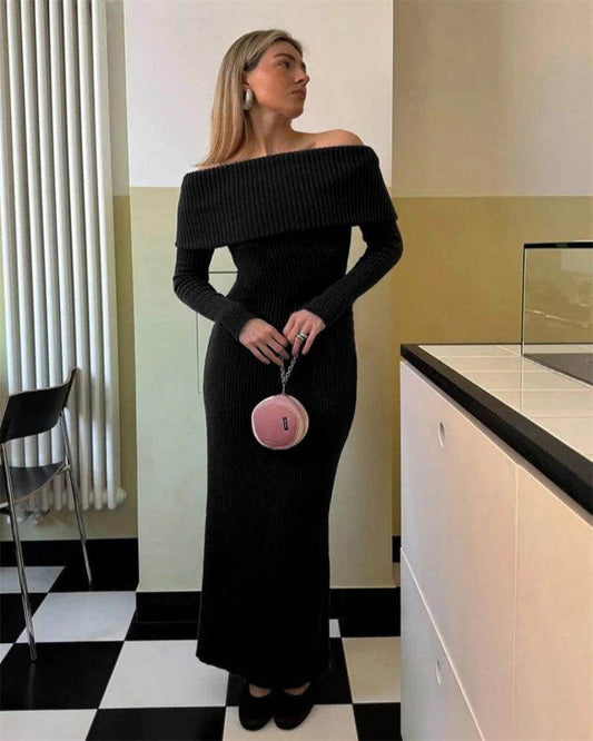 Off-Shoulder Knit Maxi Dress Ribbed Elegant - P12 Hub Europe