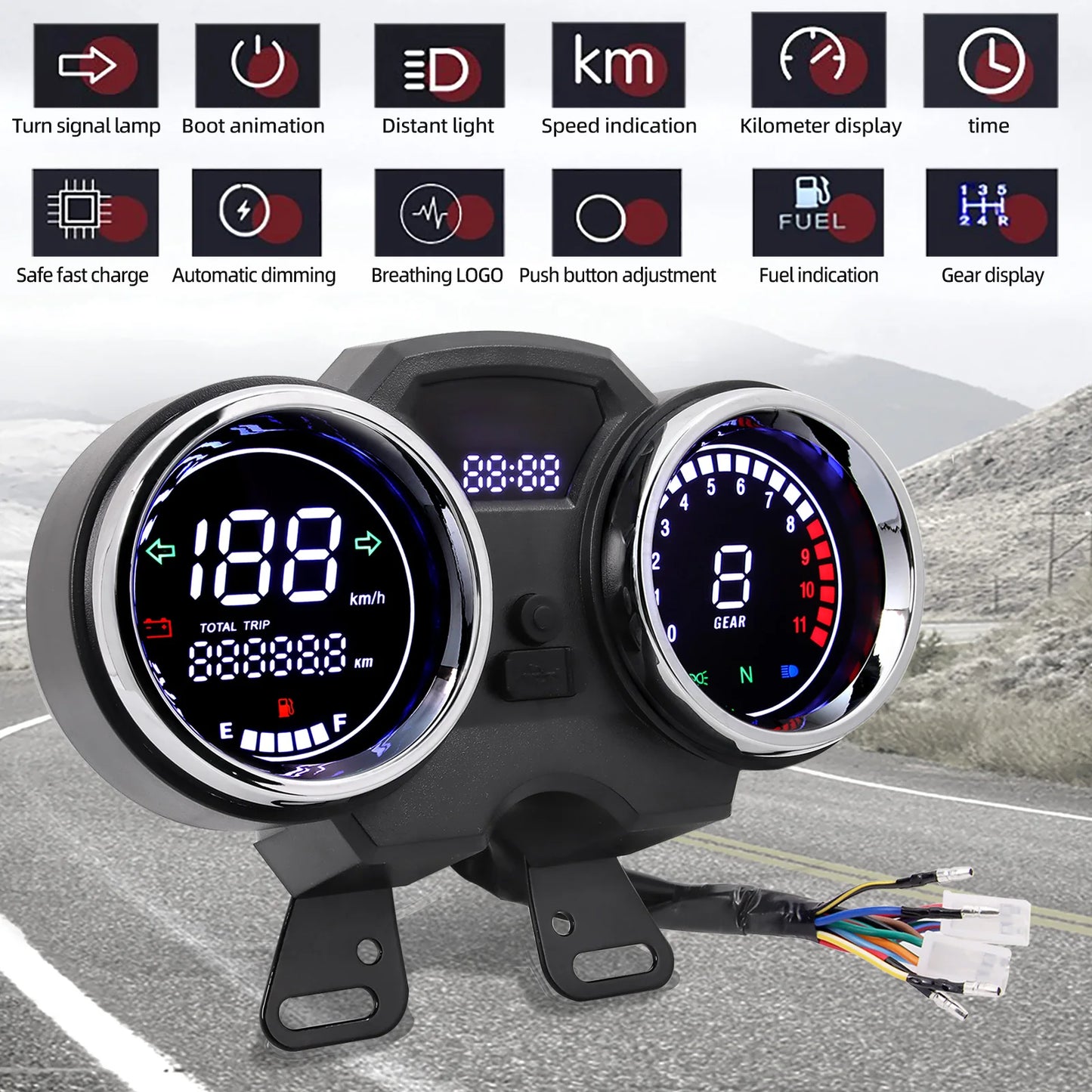 AD Motorcycle Digital Board Universal LCD Odometer Speedometer Meter Instrument Moto Dashboard Hour Counter Tachometer with Gear