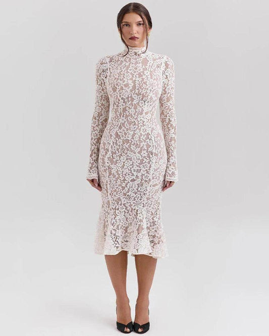 Elegant Lace Long Sleeve Midi Dress High Collar Bodycon - P12 Hub Europe