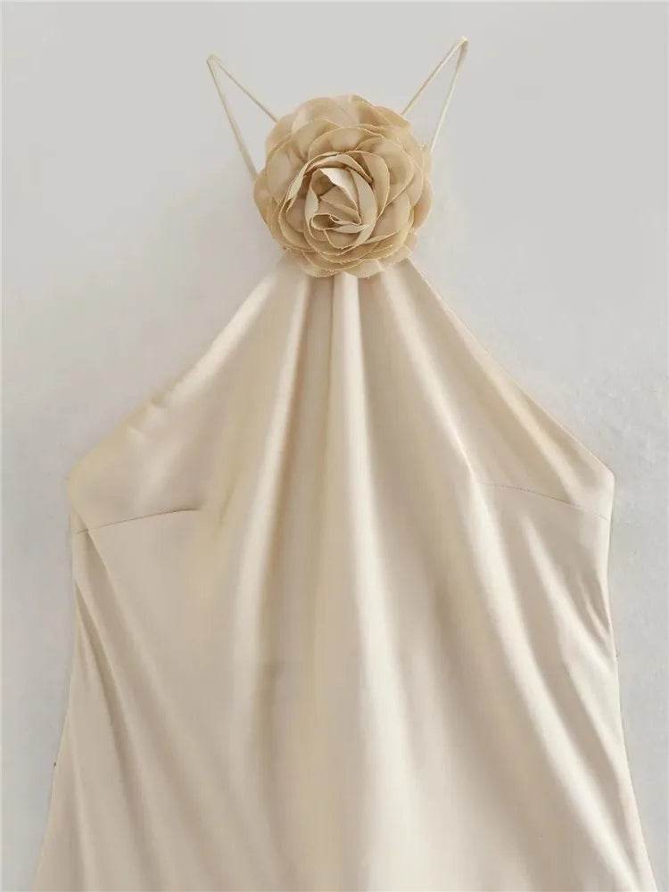 Flower Halter Satin Dress - Backless Summer Party - P12 Hub Europe