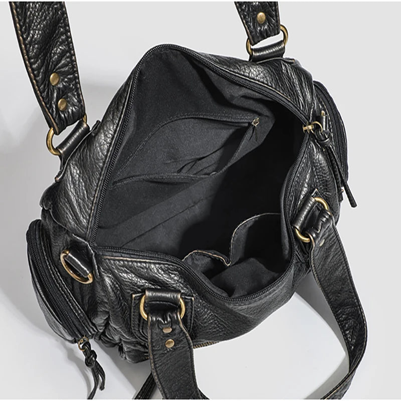 HAEX Women's Punk Biker Tote Bag Large Capacity PU Leather Crossbody Purse with Multi Pockets for Work Commute Moto Style