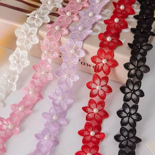 Stunning! Flower - pearl beaded lace ribbon with beaded fringe. Ideal for handmade dresses, adding unique charm. - P12 Hub Europe
