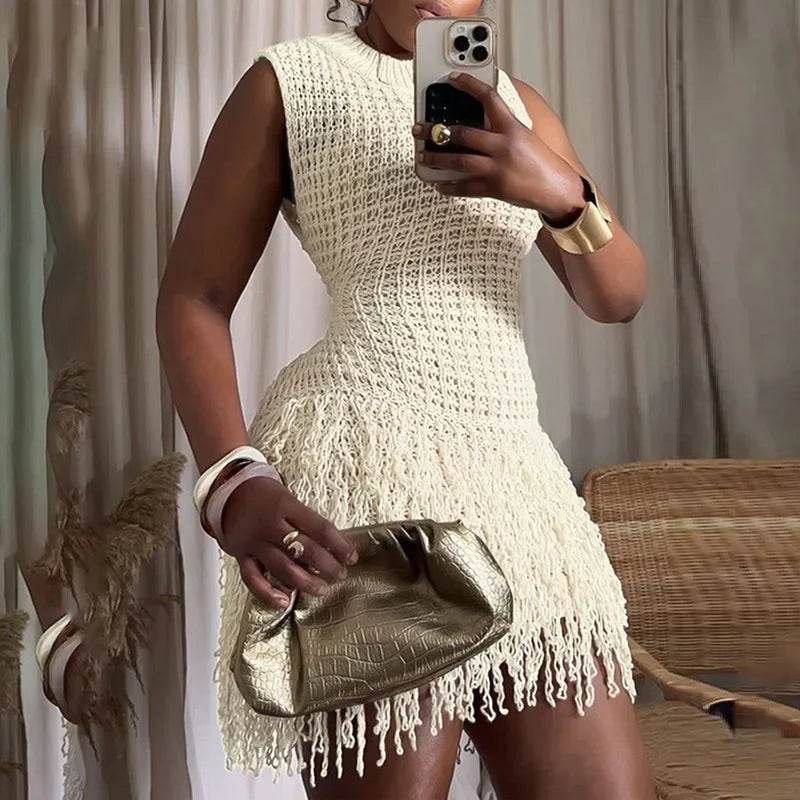 Tassel Hollow Out Mini Dress - Slim Elegant - P12 Hub Europe