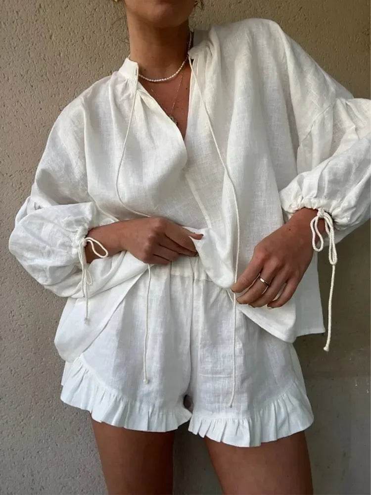 Linen Ruffle Shorts Beach Outfit - P12 Hub Europe
