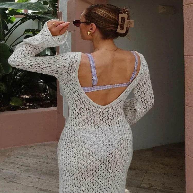 White Knit See-Through Maxi Dress Hollow Out Backless Beach - P12 Hub Europe